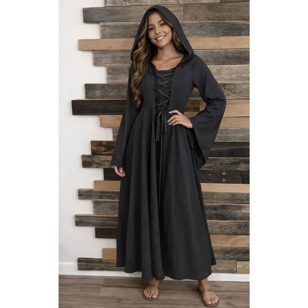 Renaissance medieval black hooded dress fit L